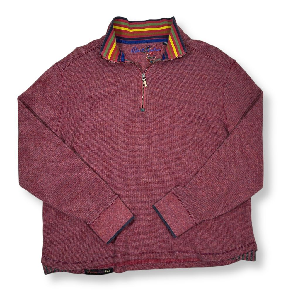 Robert Graham Burgundy Quarter-Zip Pullover Sweater with Striped Collar Mens XXL